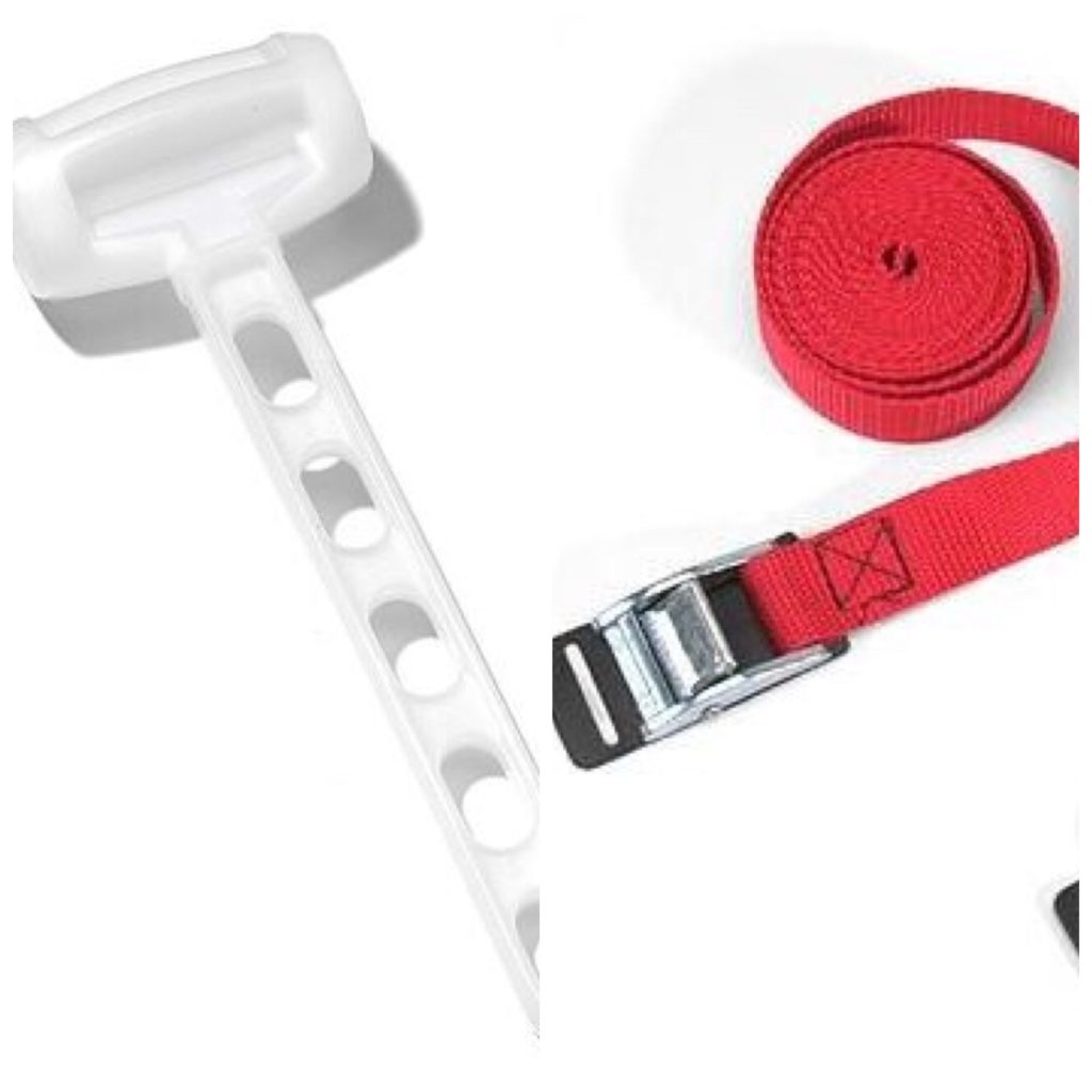 Tent stake mallet and cam strap included in all camping kits.