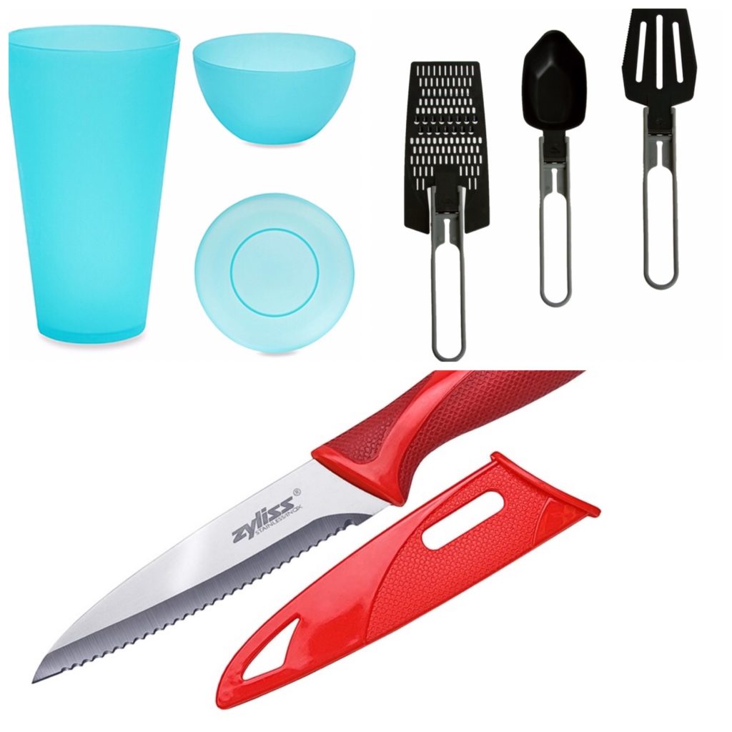 Kitchen utensils included in the kit. 3 different multi tool spatuals, a sheathed pairing knife, and plates, bowls, cups