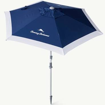 Blue 7 foot Tommy Bahama Beach Umbrella open with an attached grey sand screw at the base of the post.