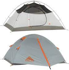 Image of two tents. Top image is a Kelty Outfitter Pro 4 tent. The bottom image is the same tent pictured with weather fly attached.